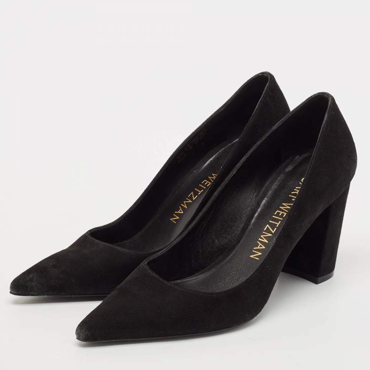 Pre Owned Stuart Weitzman Black Suede Pointed Toe Block Heel Pumps Size 39.5