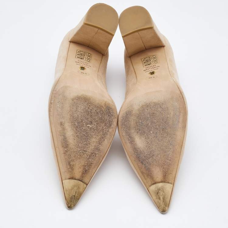 Pre Owned Stuart Weitzman Beige Suede Block Heel Pointed Pumps Size 39.5