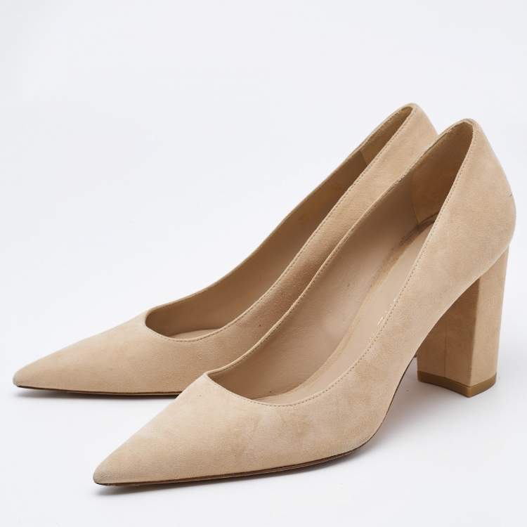 Pre Owned Stuart Weitzman Beige Suede Block Heel Pointed Pumps Size 39.5