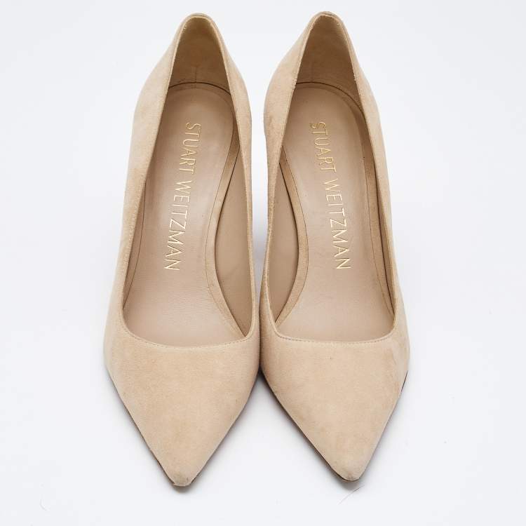 Pre Owned Stuart Weitzman Beige Suede Block Heel Pointed Pumps Size 39.5