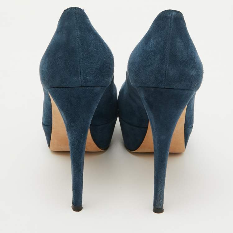 Pre Owned Stuart Weitzman Navy Blue Suede Platform Pumps Size 38.5