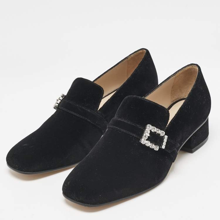 Pre Owned Stuart Weitzman Black Velvet Crystal Buckle Embellished  Loafers Size 37