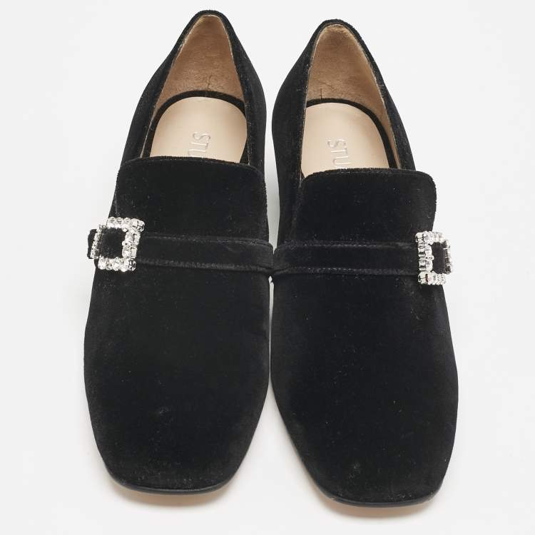 Pre Owned Stuart Weitzman Black Velvet Crystal Buckle Embellished  Loafers Size 37