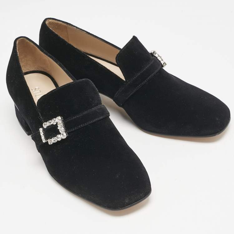 Pre Owned Stuart Weitzman Black Velvet Crystal Buckle Embellished  Loafers Size 37