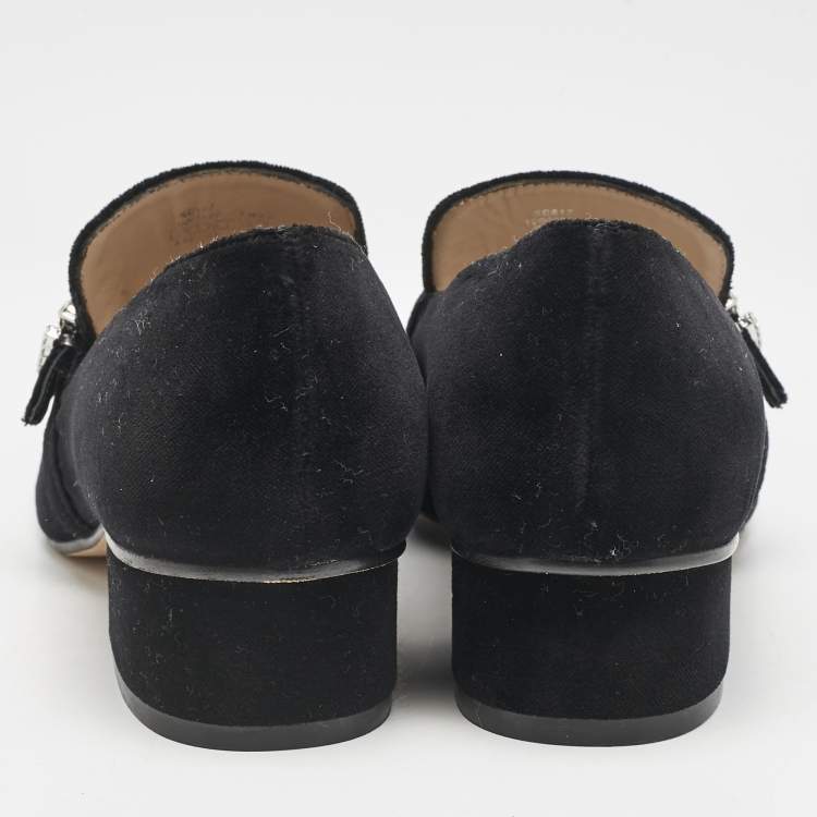 Pre Owned Stuart Weitzman Black Velvet Crystal Buckle Embellished  Loafers Size 37
