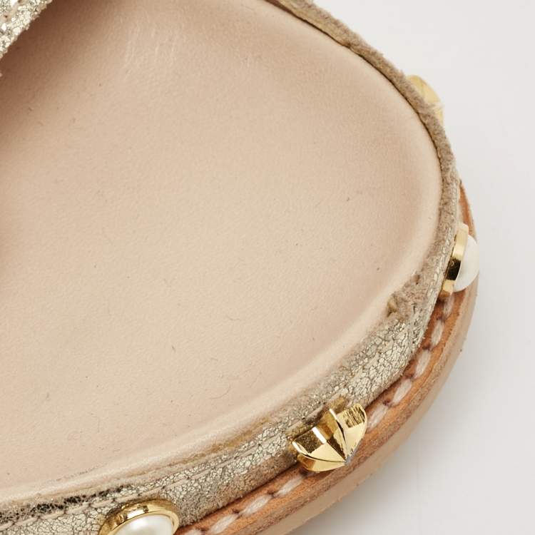 Pre Owned Stuart Weitzman Gold Texture Leather Embellished Slides Size 41