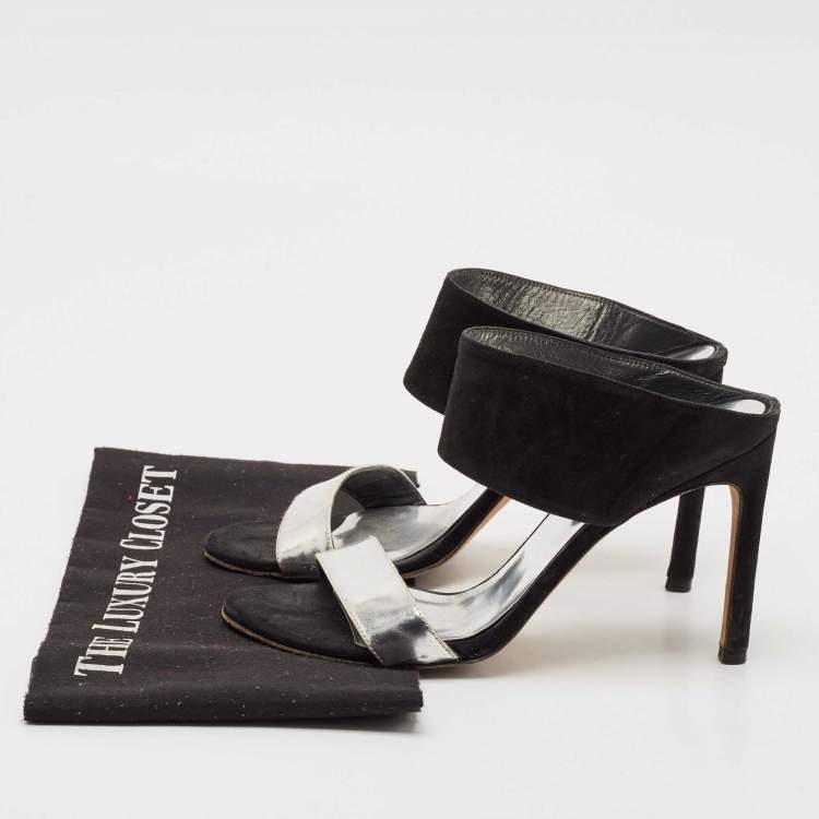 Pre Owned Stuart Weitzman Black/Silver Suede and  Leather Slide Sandals Size 37.5