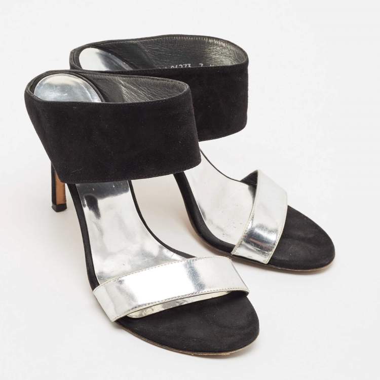 Pre Owned Stuart Weitzman Black/Silver Suede and  Leather Slide Sandals Size 37.5