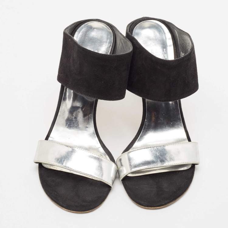 Pre Owned Stuart Weitzman Black/Silver Suede and  Leather Slide Sandals Size 37.5