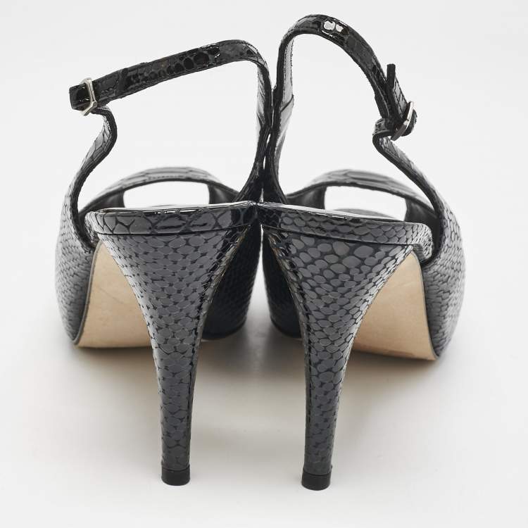 Pre Owned Stuart Weitzman Black Python Embossed Leather Peep Toe Slingback Pumps Size 39.5