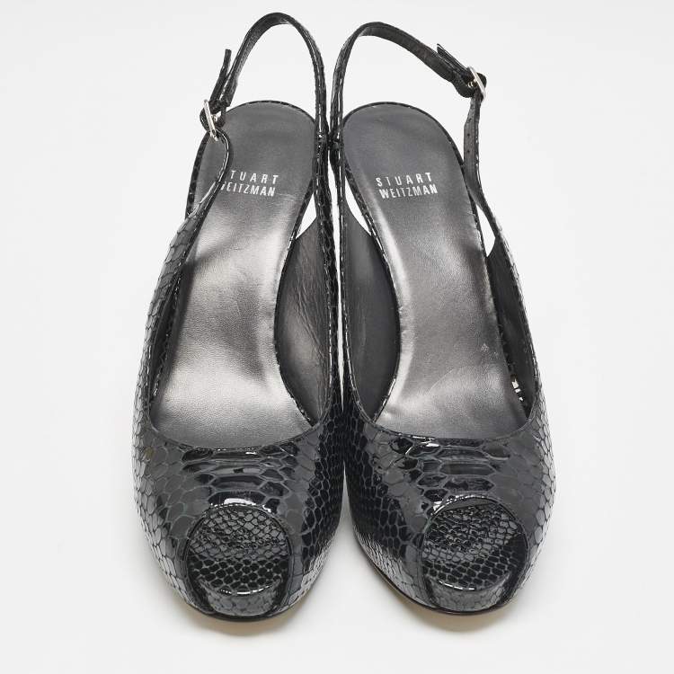 Pre Owned Stuart Weitzman Black Python Embossed Leather Peep Toe Slingback Pumps Size 39.5