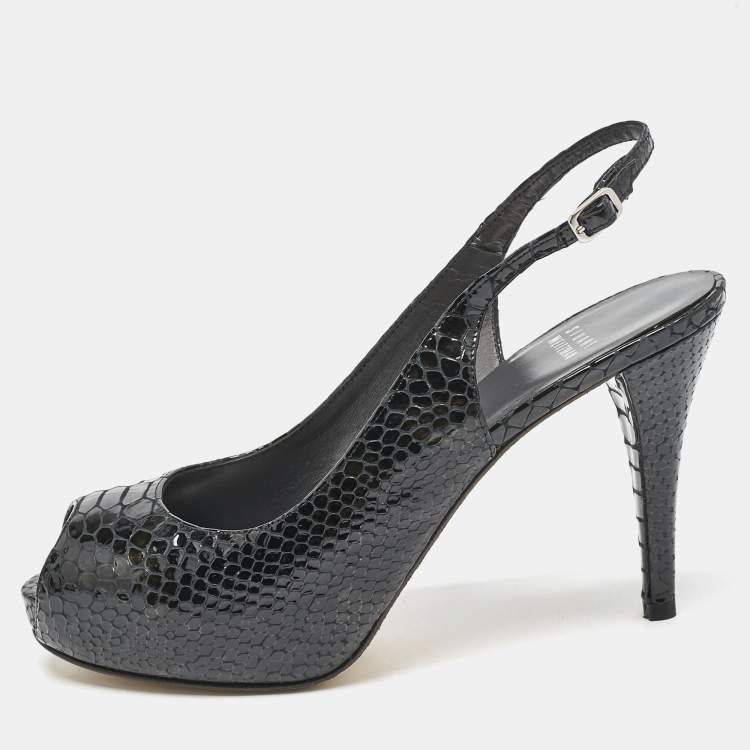 Pre Owned Stuart Weitzman Black Python Embossed Leather Peep Toe Slingback Pumps Size 39.5