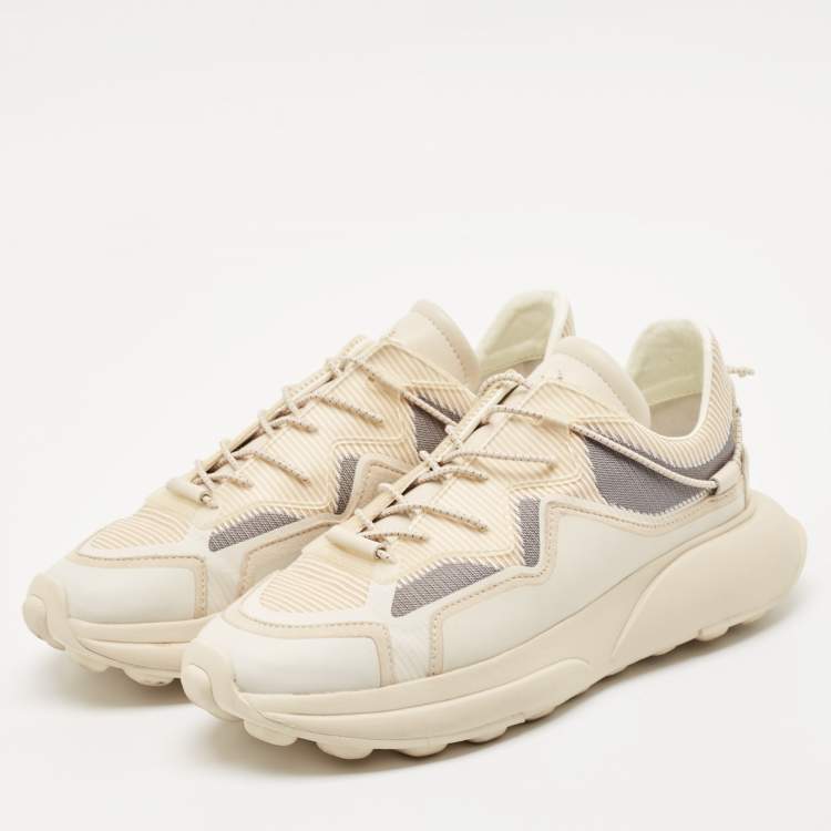 Pre Owned Stuart Weitzman Beige Leather and Knit Fabric SW 1 Sneakers Size 39