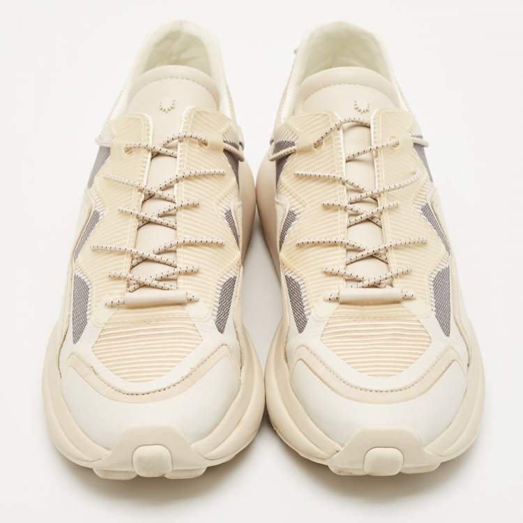Pre Owned Stuart Weitzman Beige Leather and Knit Fabric SW 1 Sneakers Size 39