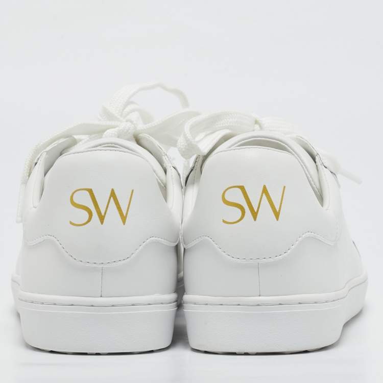 Pre Owned Stuart Weitzman White Leather Low Top Sneakers Size 39.5