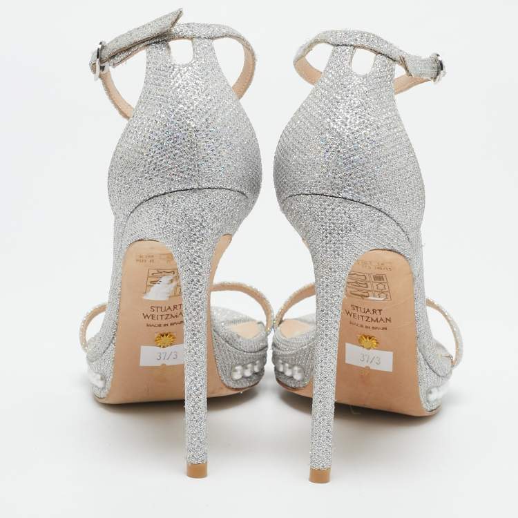 Pre Owned Stuart Weitzman Silver Glitter Nudist Ankle Strap Sandals Size 37.5