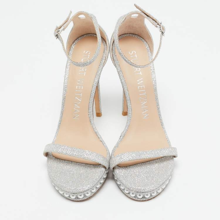 Pre Owned Stuart Weitzman Silver Glitter Nudist Ankle Strap Sandals Size 37.5