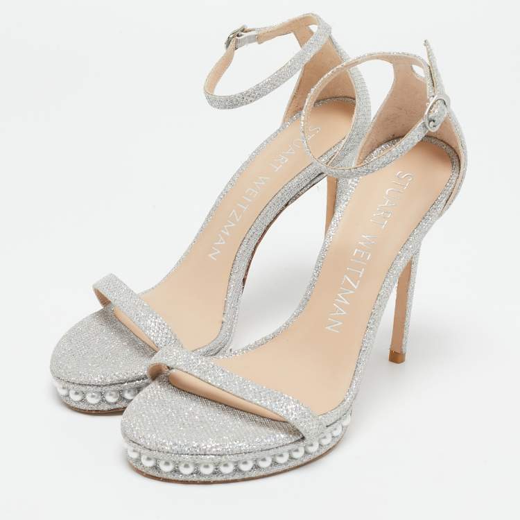 Pre Owned Stuart Weitzman Silver Glitter Nudist Ankle Strap Sandals Size 37.5