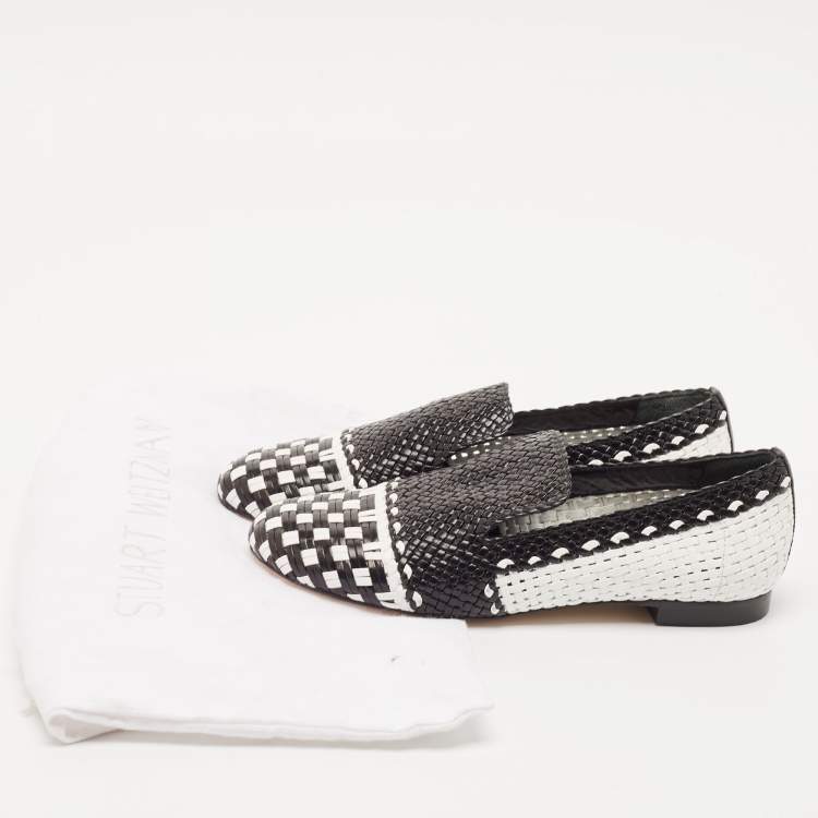 Pre Owned Stuart Weitzman Black/White Woven Leather Riviera Smoking Slippers Size 34.5