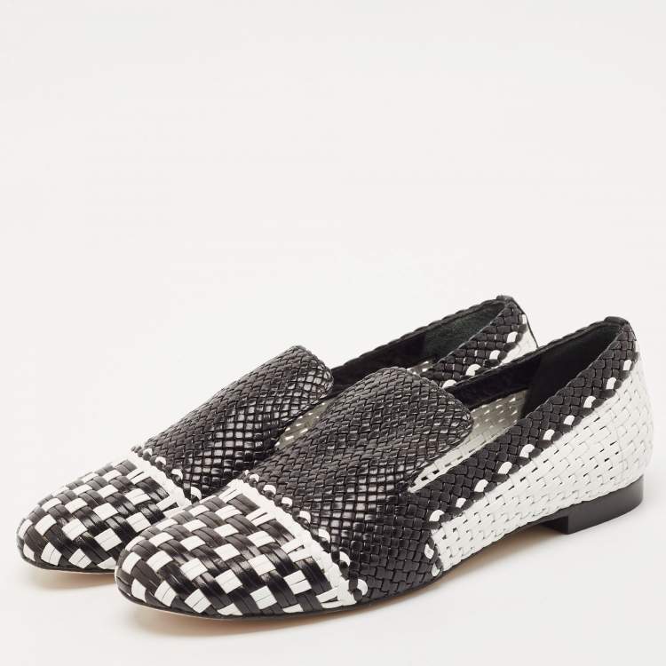 Pre Owned Stuart Weitzman Black/White Woven Leather Riviera Smoking Slippers Size 34.5
