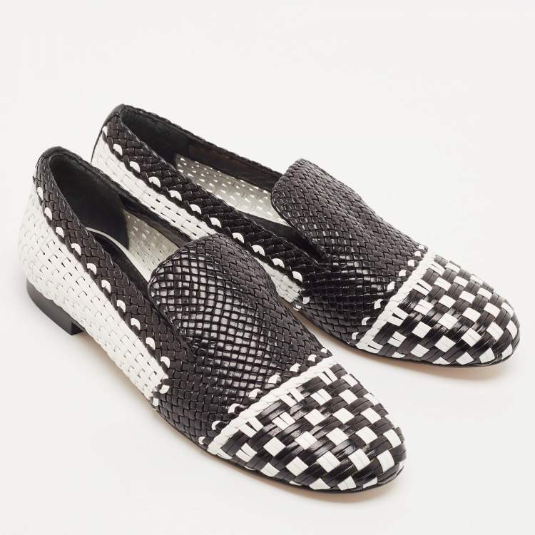 Pre Owned Stuart Weitzman Black/White Woven Leather Riviera Smoking Slippers Size 34.5