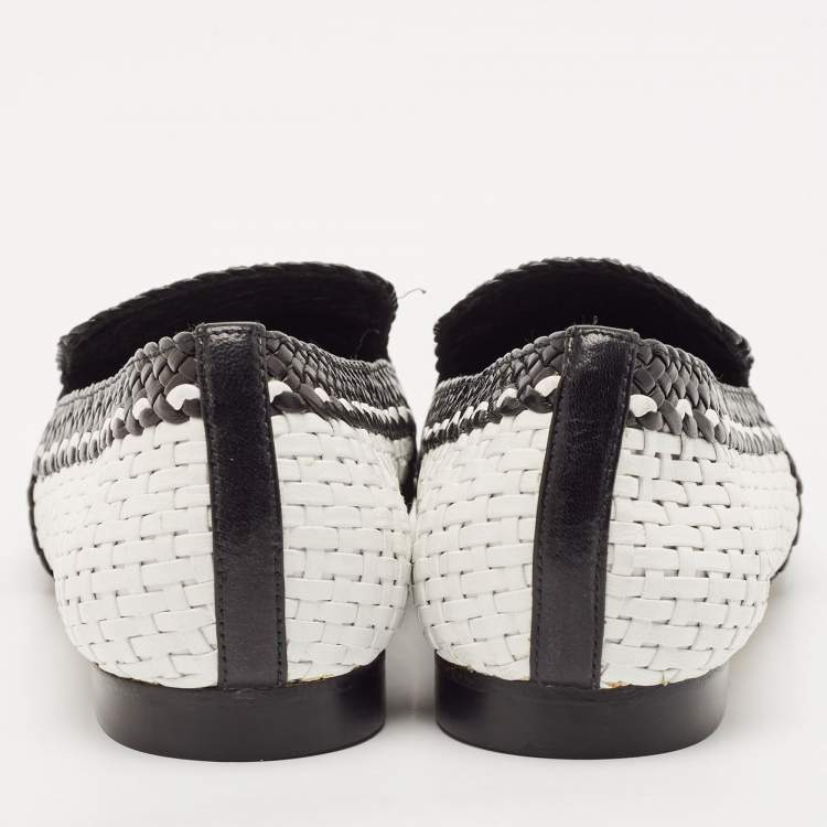 Pre Owned Stuart Weitzman Black/White Woven Leather Riviera Smoking Slippers Size 34.5