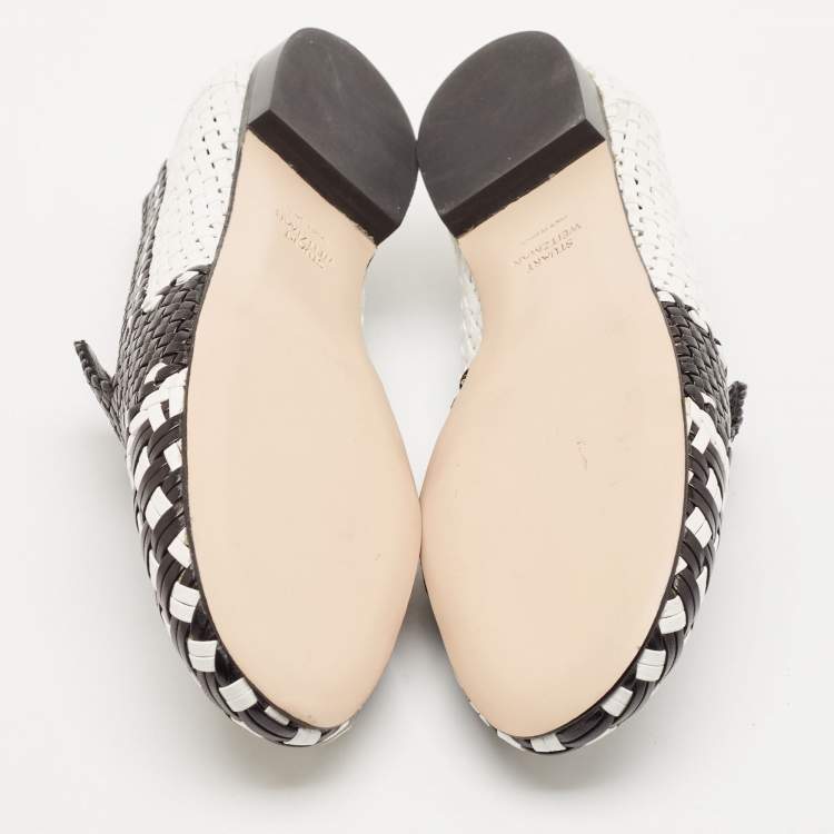 Pre Owned Stuart Weitzman Black/White Woven Leather Riviera Smoking Slippers Size 34.5