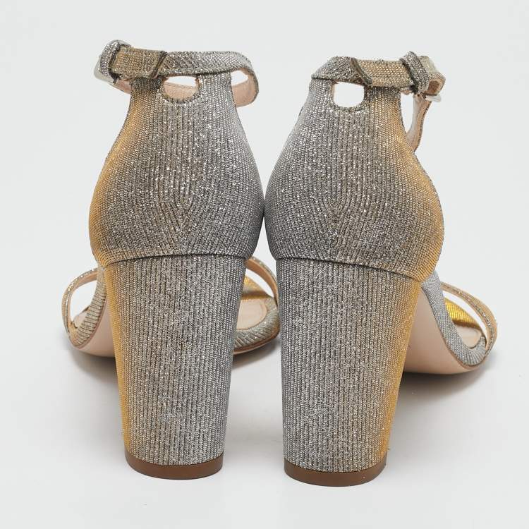 Pre Owned Stuart Weitzman Grey Lurex Fabric Ankle Strap Sandals Size 38.5