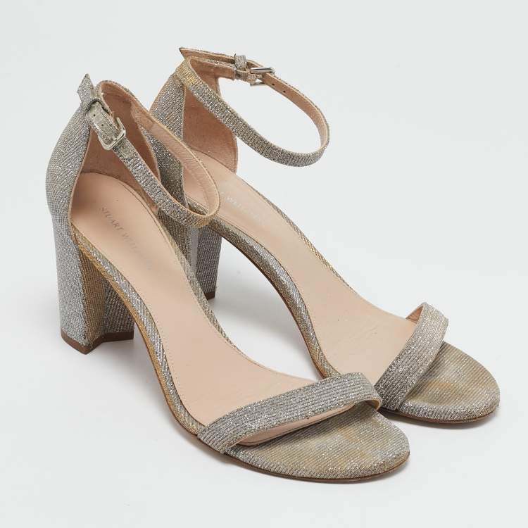 Pre Owned Stuart Weitzman Grey Lurex Fabric Ankle Strap Sandals Size 38.5