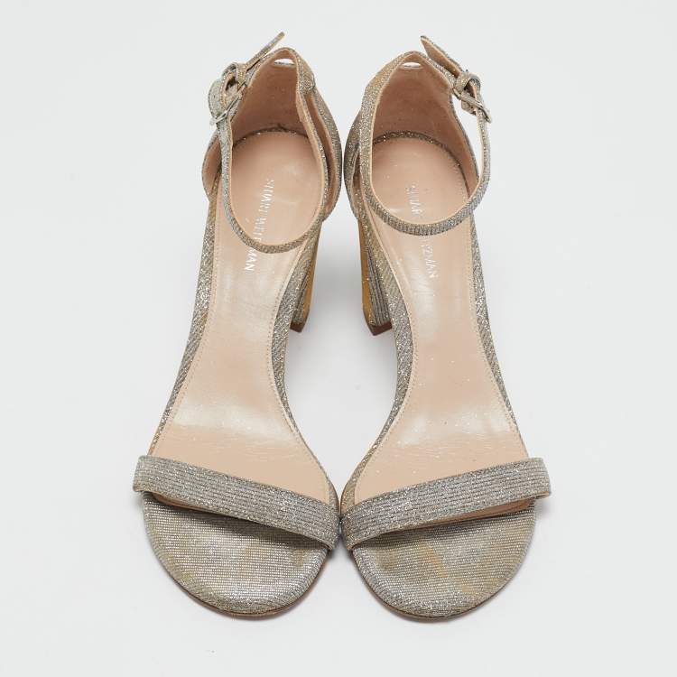 Pre Owned Stuart Weitzman Grey Lurex Fabric Ankle Strap Sandals Size 38.5