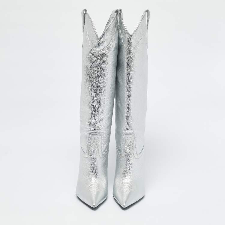 Pre Owned Stuart Weitzman Silver Leather Outwest Boots Size 38