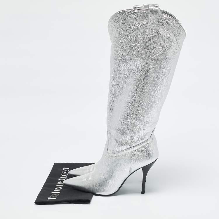 Pre Owned Stuart Weitzman Silver Leather Outwest Boots Size 38