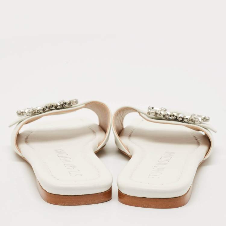 Pre Owned Stuart Weitzman White Leather Crystal Embellished Slide Sandals Size 37