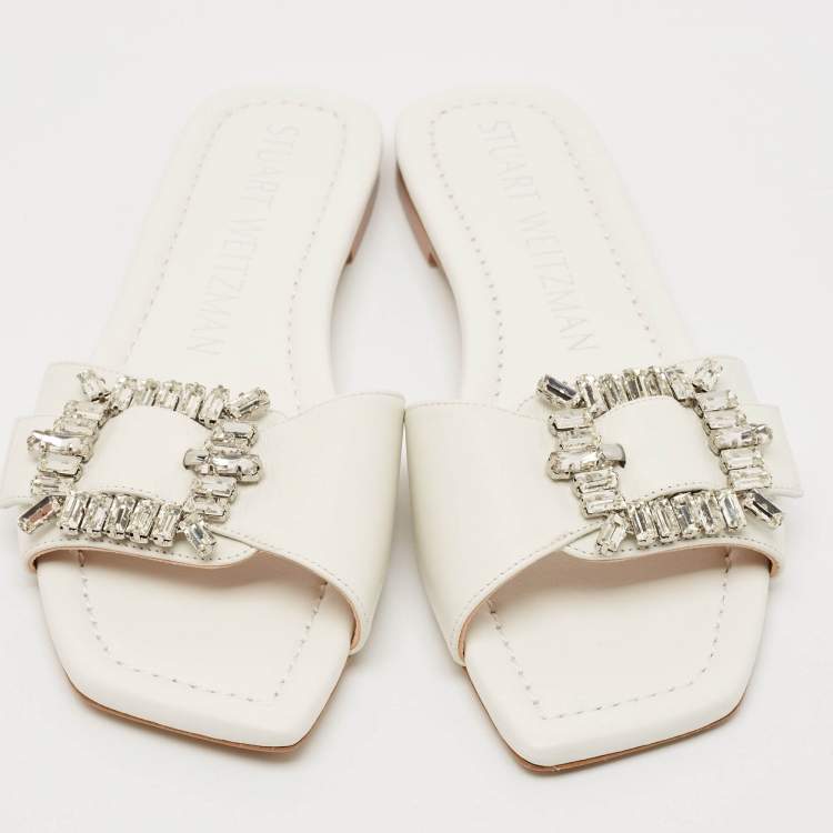 Pre Owned Stuart Weitzman White Leather Crystal Embellished Slide Sandals Size 37