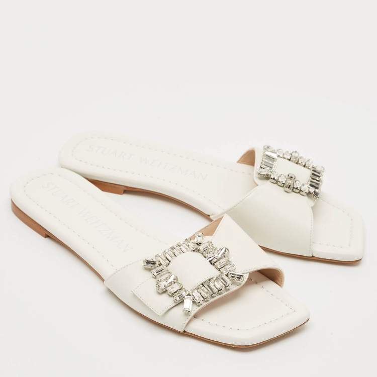 Pre Owned Stuart Weitzman White Leather Crystal Embellished Slide Sandals Size 37