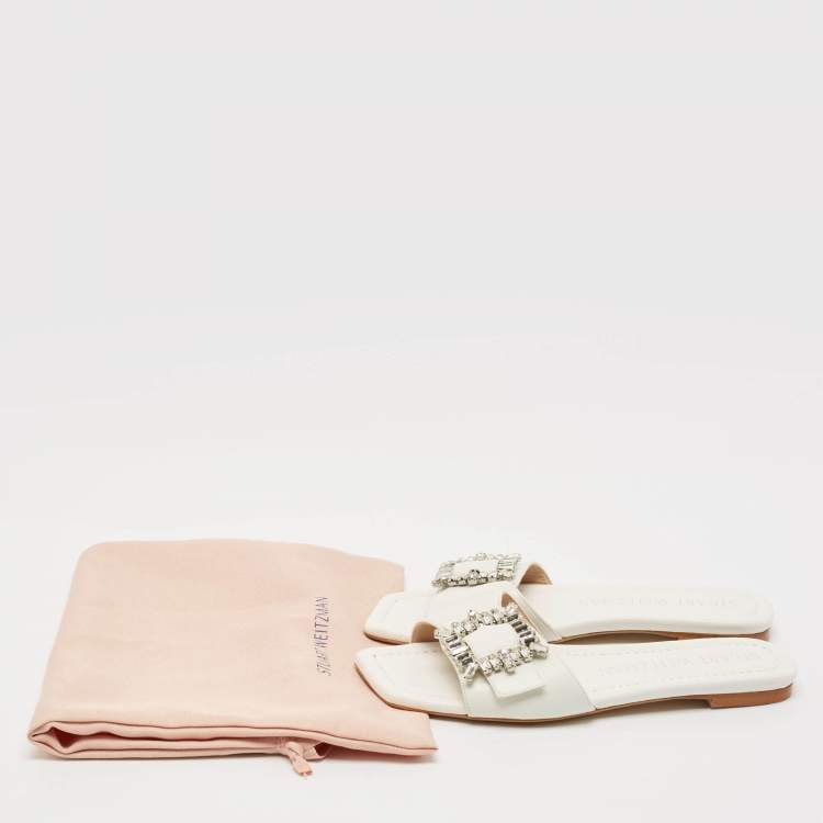 Pre Owned Stuart Weitzman White Leather Crystal Embellished Slide Sandals Size 37