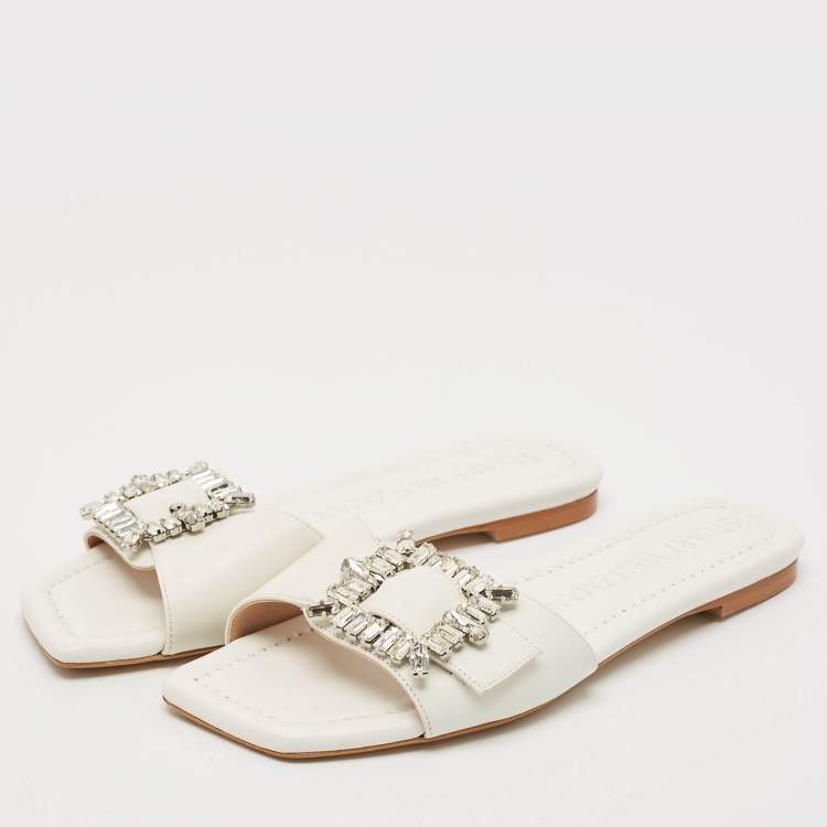 Pre Owned Stuart Weitzman White Leather Crystal Embellished Slide Sandals Size 37