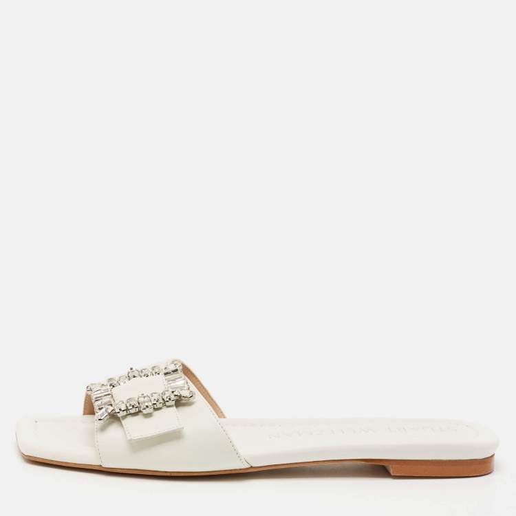 Pre Owned Stuart Weitzman White Leather Crystal Embellished Slide Sandals Size 37