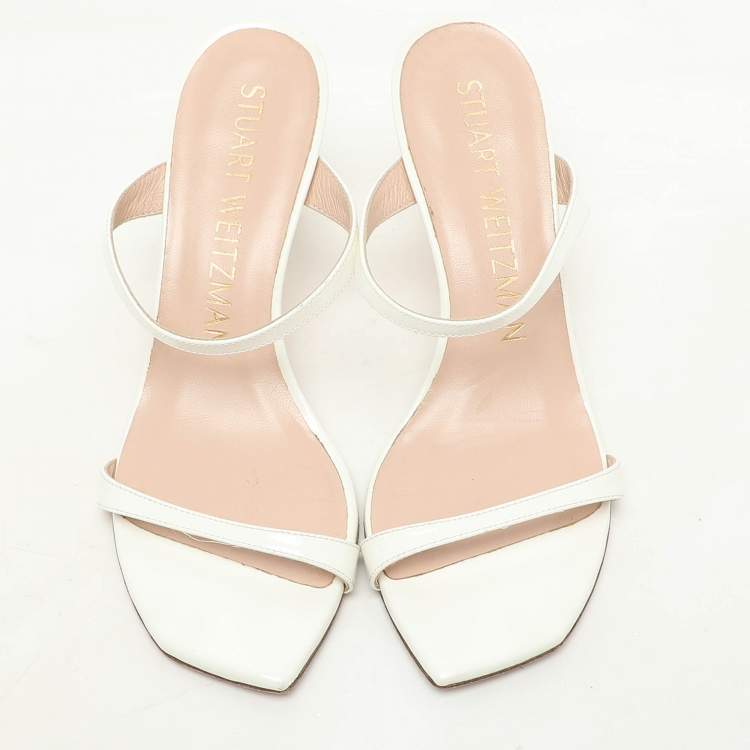 Pre Owned Stuart Weitzman White Patent Leather Aleena Slide Sandals Size 37.5