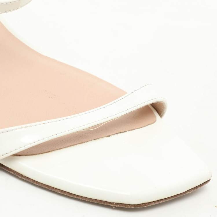 Pre Owned Stuart Weitzman White Patent Leather Aleena Slide Sandals Size 37.5
