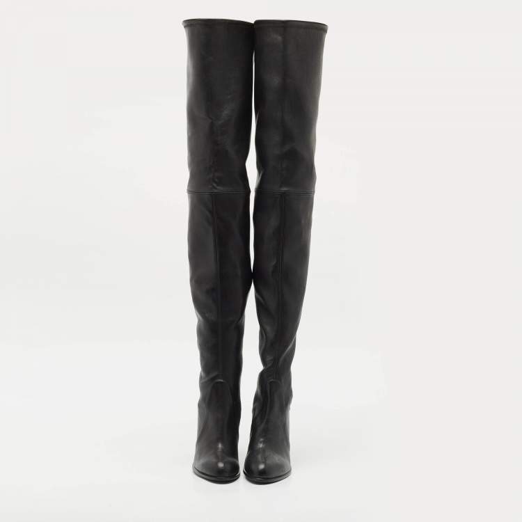 Pre Owned Stuart Weitzman Black Leather Ultra Highland Over The Knee Boots Size 37.5