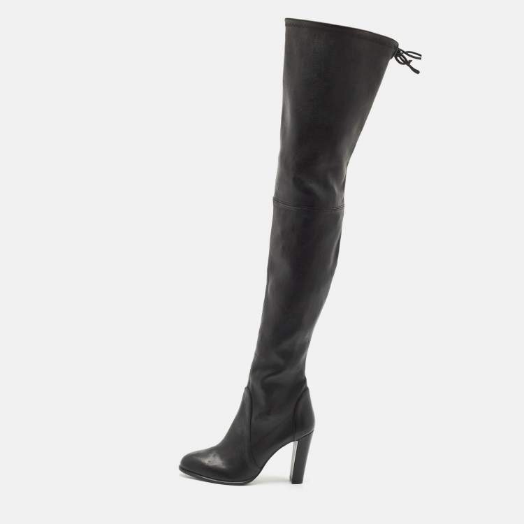Pre Owned Stuart Weitzman Black Leather Ultra Highland Over The Knee Boots Size 37.5