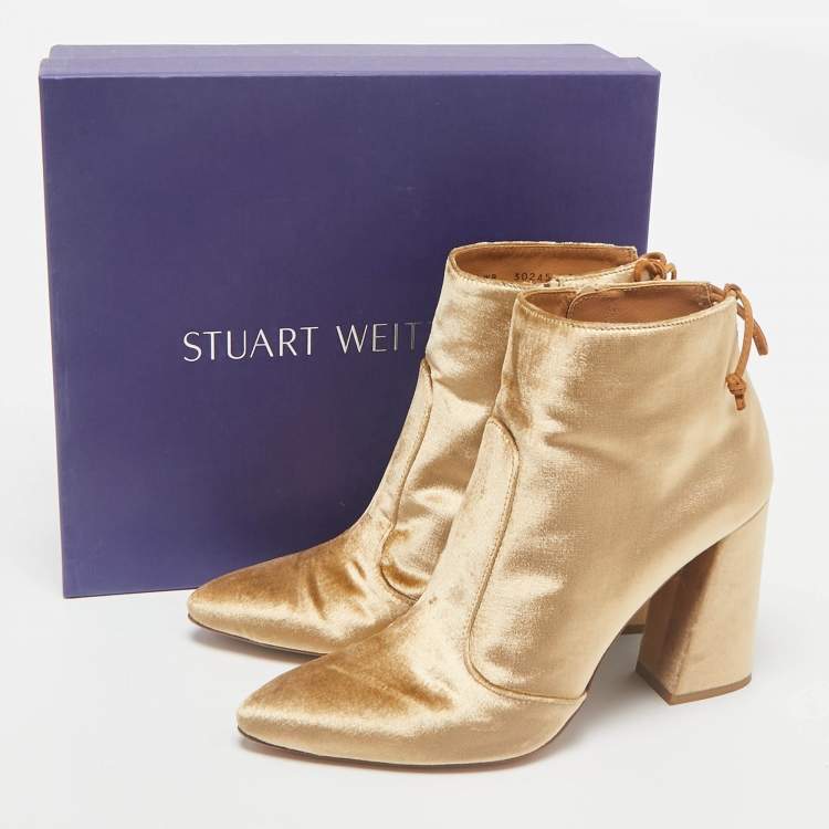 Pre Owned Stuart Weitzman Beige Velvet Grandiose Pointed Toe Ankle Boots Size 40