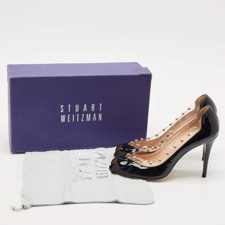 Pre Owned Stuart Weitzman Black Patent Leather and PVC Studded Peep Toe Pumps Size 38.5