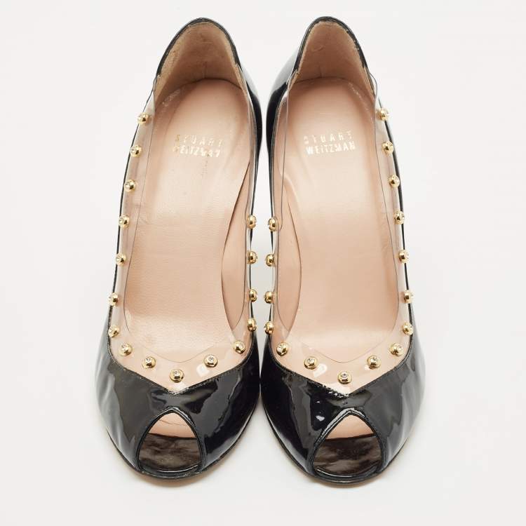 Pre Owned Stuart Weitzman Black Patent Leather and PVC Studded Peep Toe Pumps Size 38.5