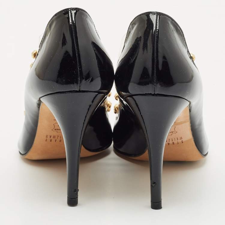 Pre Owned Stuart Weitzman Black Patent Leather and PVC Studded Peep Toe Pumps Size 38.5