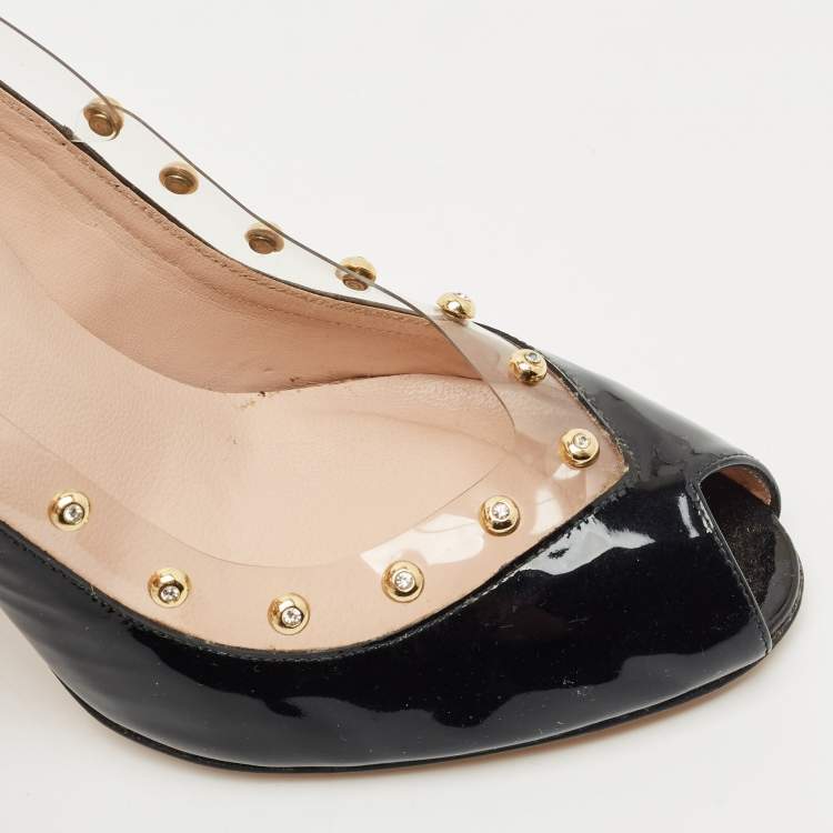 Pre Owned Stuart Weitzman Black Patent Leather and PVC Studded Peep Toe Pumps Size 38.5