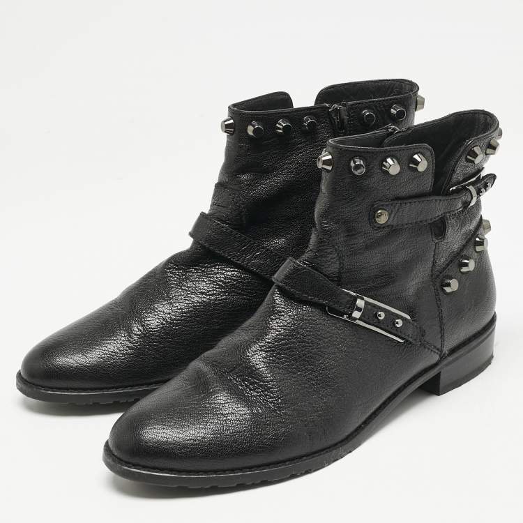 Pre Owned Stuart Weitzman Black Leather Studded Go West Ankle Boots Size 38