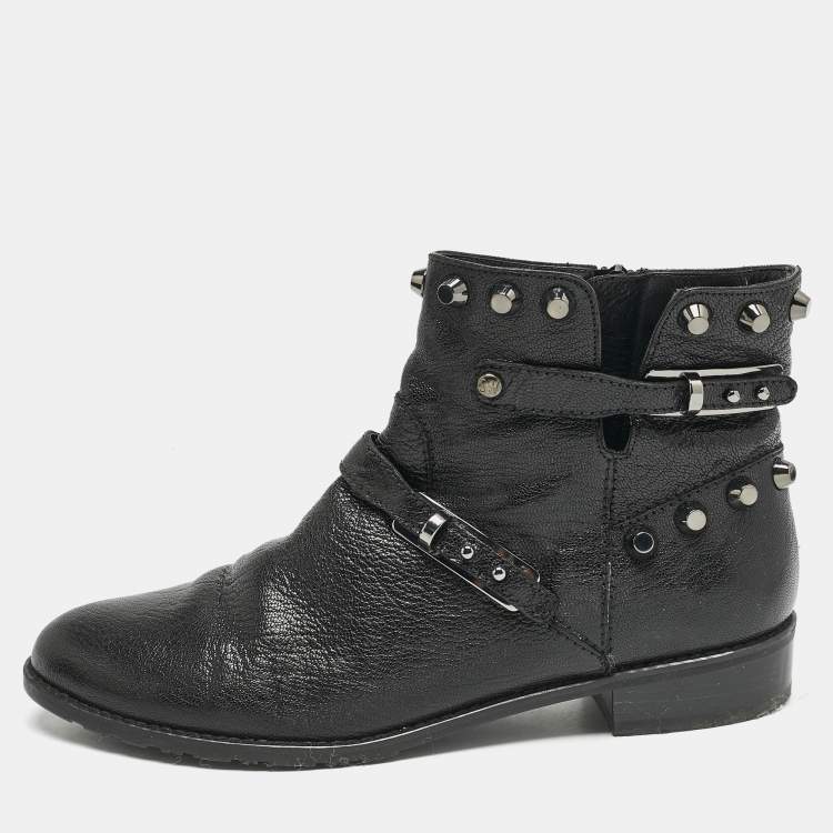 Pre Owned Stuart Weitzman Black Leather Studded Go West Ankle Boots Size 38