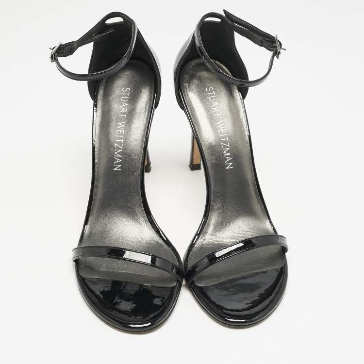 Pre Owned Stuart Weitzman Black Patent Leather Nudistsong Sandals Size 38.5